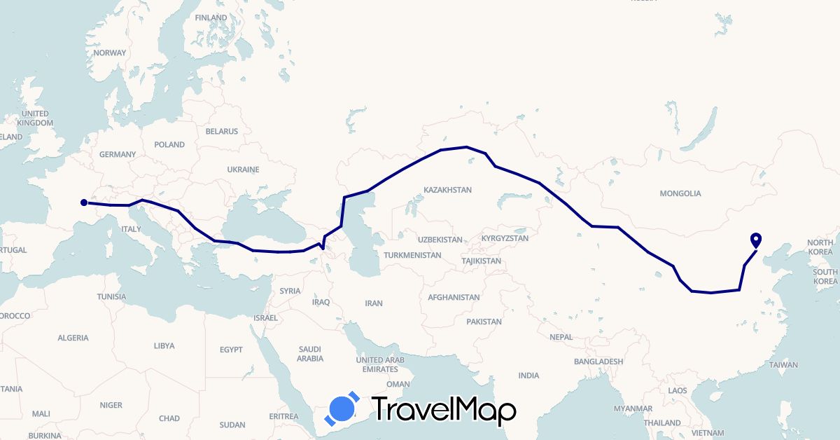 TravelMap itinerary: driving in Armenia, Bulgaria, China, France, Georgia, Croatia, Italy, Kazakhstan, Serbia, Russia, Slovenia, Turkey (Asia, Europe)